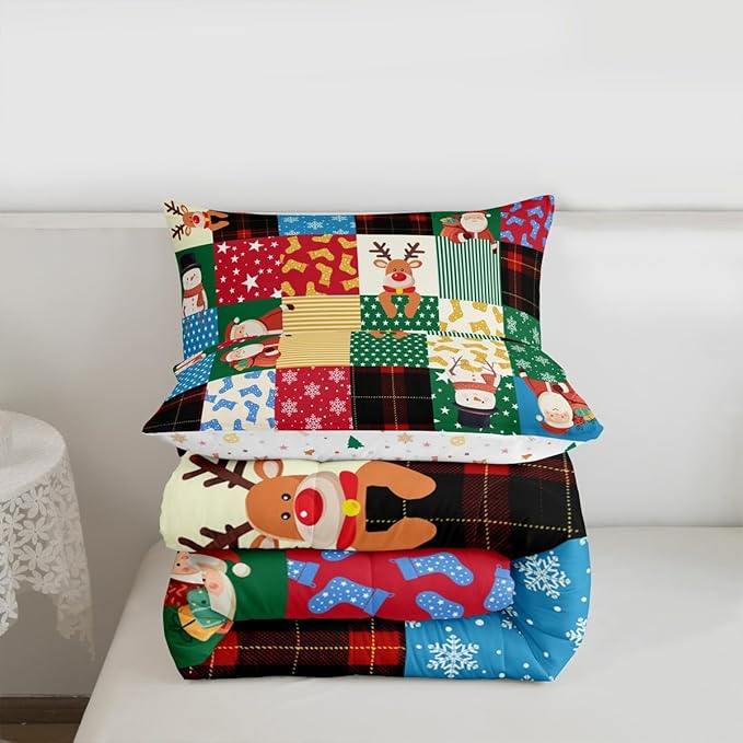 Feelyou Patchwork Christmas Bedding Set Soft for Boys Girls, Santa Claus Reindeer Comforter Set Toddler Size Snowman Duvet Quilt Microfiber Snowflake Bedroom Decor 2 Pcs with 1 Pillow Cases