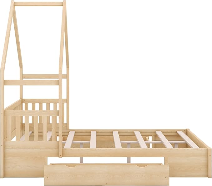Bellemave Queen Size Wood House Platform Bed with 2 Drawer for Toddlers and Baby, Modern Montessori Platform Bed Frame, No Box Spring Required, Low Floor Bed for Kids' Room or Baby Room (Natural)
