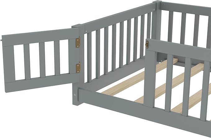 Bellemave Twin Size Floor Bed Frame with Fence and Door for Kids, Montessori Floor Bed with Slats and Safety Guardrails,Solid Wood Twin Bed Frame for Girls Boys,Grey