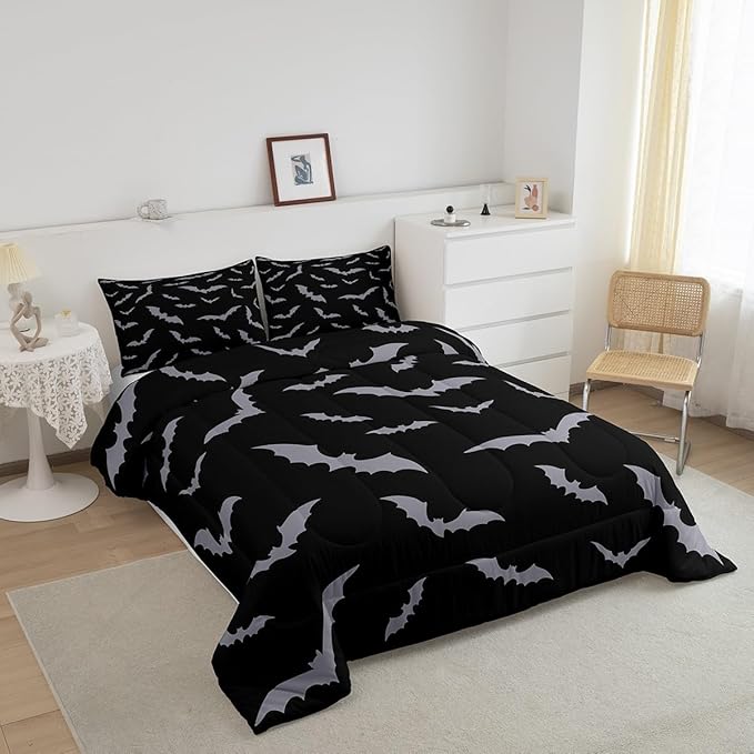 Erosebridal Happy Halloween Comforter Set for Kids Youth Grey Bats Bedding Set Gothic Spooky Quilt Queen Size Cartonn Bed Decorative Bedding Comforter Sets with 2 Pillow Cases