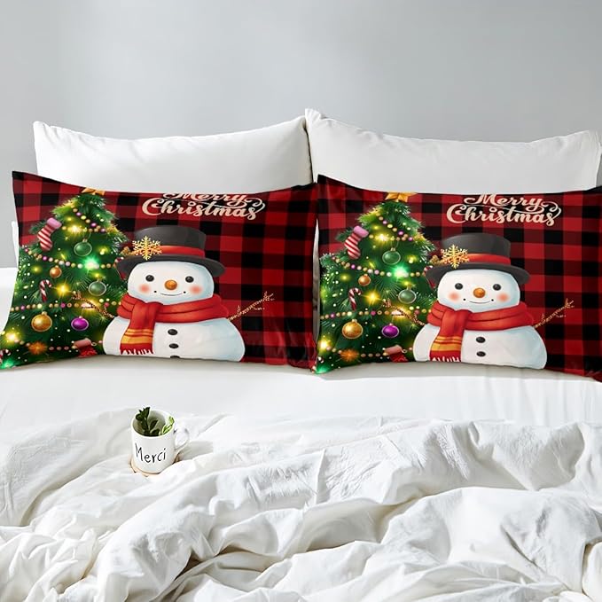 Manfei Christmas Duvet Cover Set Full Size, Snowman Christmas Tree Comforter Cover with 2 Pillowcases, Red Plaid Grid Print Bedding Set 3pcs for Kids Boys Girls Room Decor,No Comforter