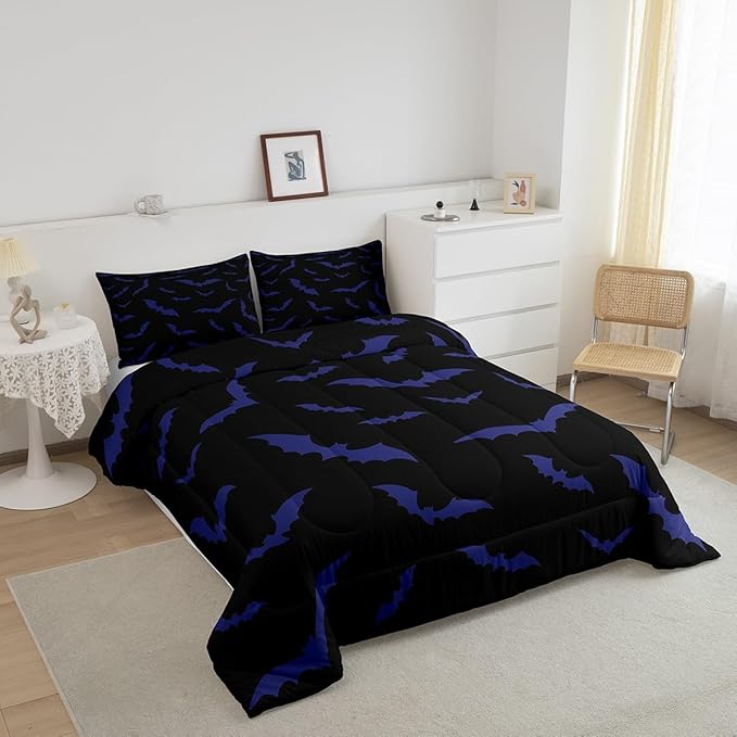 Erosebridal Bat Comforter Set Toddler Size for Kids Boys Youth Halloween Decor Bedding Set Purple Bats Quilt Gothic Spooky Cartoon Down Comforter with 1 Pillow Case,Black