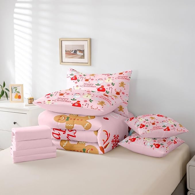 Christmas Deer King Comforter Set with Sheets for Kids Boys Girls Cute Gingerbread Man 7 Pieces Bedding Set Christmas Santa Claus Bed in a Bag Reversible Pink Decor Room Decor Soft Lightweight