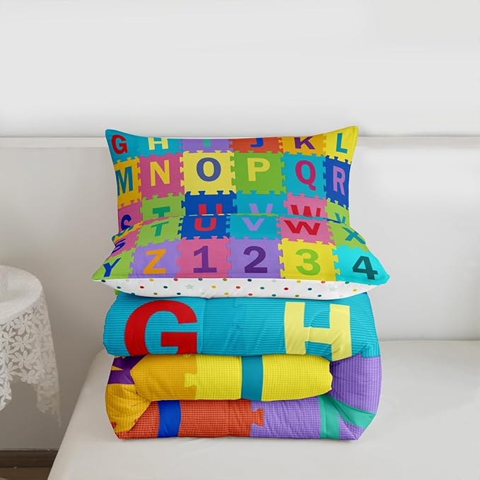 Feelyou Kids Puzzle Alphabet Numbers Comforter Set Twin Size ABC Letters Bedding Set for Kids Boys Girls Educational Duvet Quilt English Learning Bedroom Decor Microfiber 2 Pcs with 1 Pillow Cases
