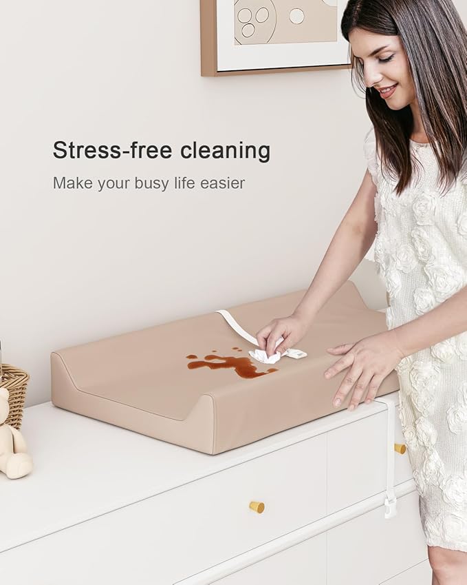 YACODAVO Wipeable Baby Changing Pad for Dresser and Table, Cozy Diaper Changing Pad with Waterproof & Wipe-Clean Leather Cover, Light Brown