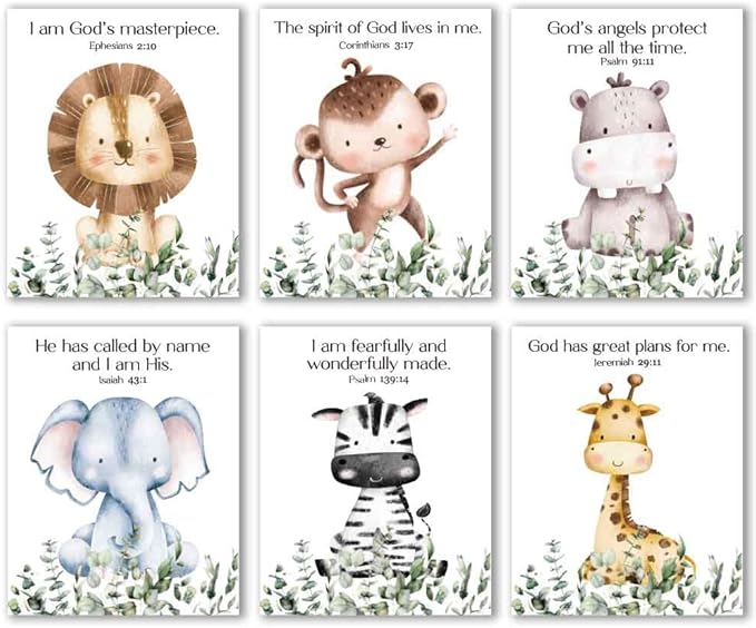 IIILUYOT 6Pcs Cute Christian Wild Animals Wall Art Decor for Nursery Child Bedroom, Zebras, Elephants, Lions, Giraffes, Monkey Inspirational Forest Animals Poster Decor Set of 6(8”X10”) Unframed