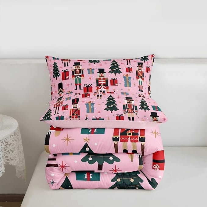 Feelyou Nutcracker Comforter Set All Season Merry Christmas Tree Bedding Set with 2 Pillow Cases Snowflake Kids Queen Bedclothes Soldier Print Decor Duvet Quilt Soft Lightweight