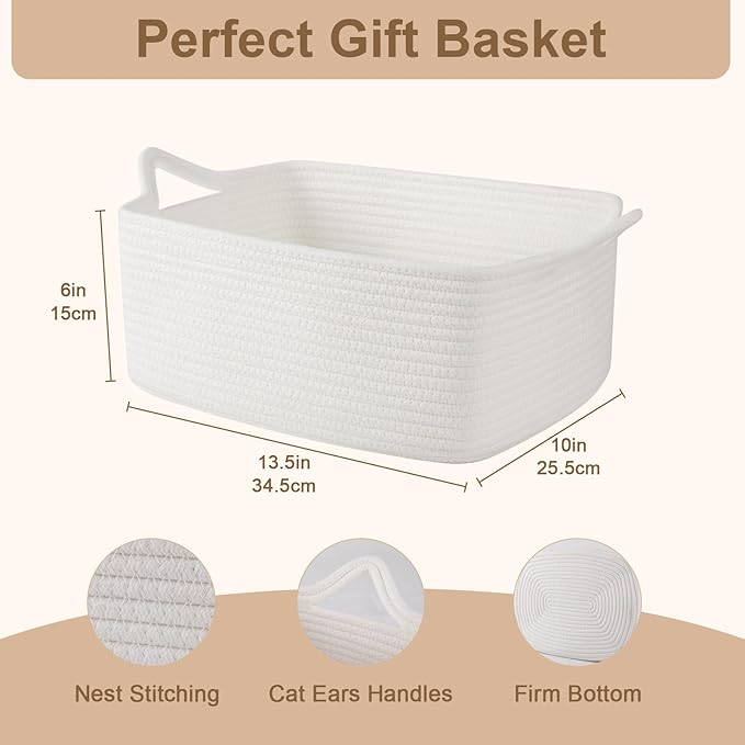 OIAHOMY Small Woven Rope Basket with Gift Bags and Ribbons, Gift Basket Empty for Baby Shower Birthday, Halloween, Christmas, Cute Cat Ear Handles for Shelf Living Room Bathroom,White