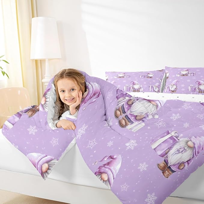 Feelyou Purple Christmas Kids Comforter Set Twin Size Scandinavian Christmas Santa Gnomes Bedding Set Xmas Snowflake Duvet Quilt for Kids Boys Girls Bedroom Decor Ultra Soft Breathable