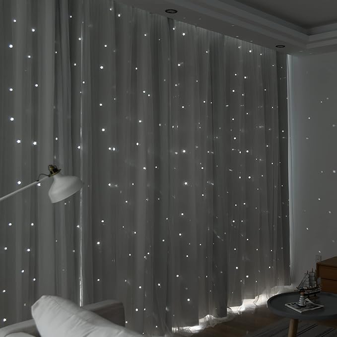 Kinryb Kids Star Cutout Curtains for Bedroom/Living Room/Classroom,2 Free Tiebacks Sheer Overlay 2 Panel Set, Double Layer Curtains for Kids Room(Each Piece W70xL84 Inches 2 Pcs Greyish White)