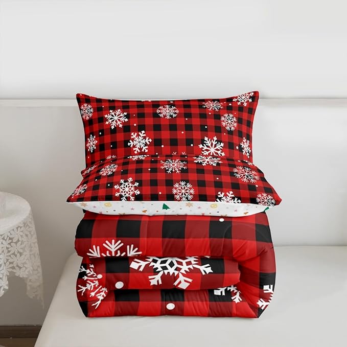 Feelyou Christmas Kids Comforter Set Full Size Snowflake Red Bedding Set Red Black Plaid Duvet Quilt for Kids Boys Girls Bedroom Winter Snow Decor Microfiber Ultra Soft Breathable
