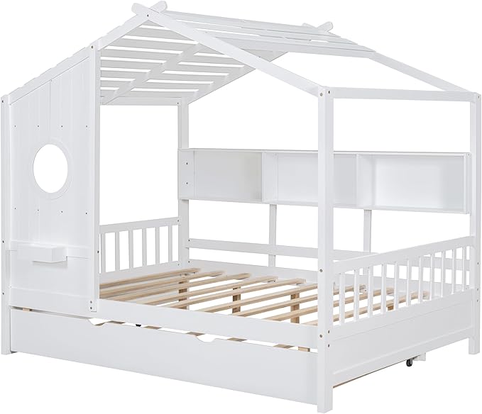 Harper & Bright Designs Full Size Modern House Bed with Roof, Wooden Twin Kids House Bed Frame with Trundle and Storage Shelf, White