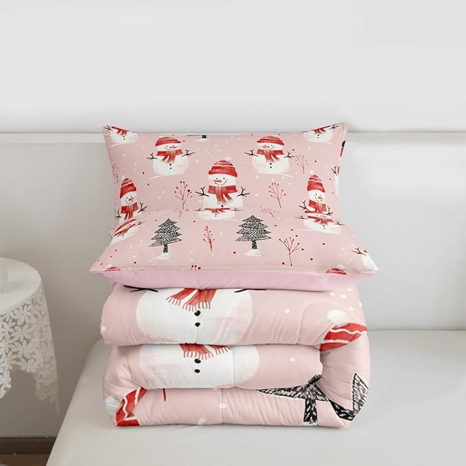 Feelyou Cute Snowman Bedding Set Soft for Boys Girls, Christmas Trees Comforter Set Toddler Size Xmas Snowflake Duvet Quilt Microfiber Christmas Decor Bedroom Decor Holiday 2 Pcs with 1 Pillow Cases