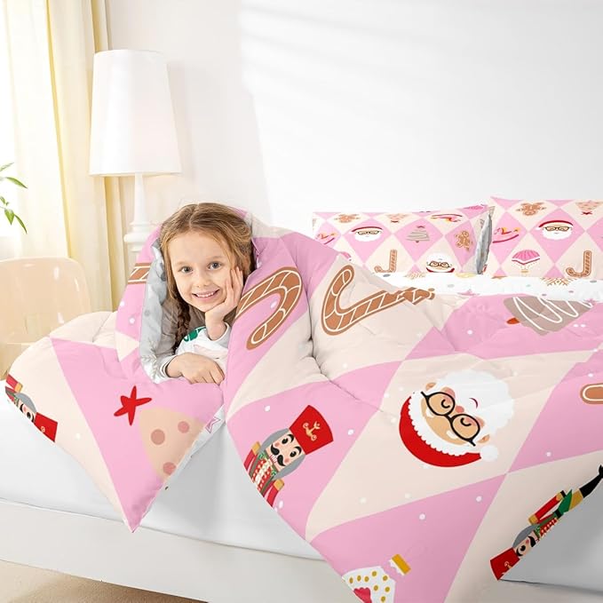 Feelyou Pink Christmas Kids Comforter Set King Size Santa Claus Bedding Set Xmas Tree Nutcracker Soldier Duvet Quilt for Kids Boys Girls Bedroom Gingerbread Man Decor Microfiber Ultra Soft Breathable