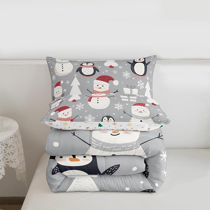 Feelyou Christmas Comforter Set Queen Size Snowman Snowflake Bedding Set for Kids Boys Girls Penguin Duvet Quilt New Year Gift Bedroom Decor Microfiber 3 Pcs with 2 Pillow Cases