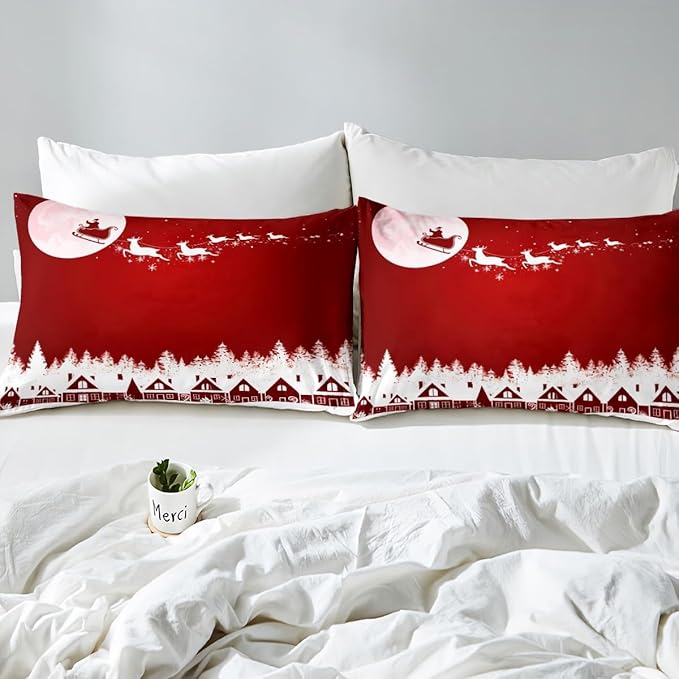 Manfei New Year Red Duvet Cover Set Twin Size Reindeer and Full Moon Print Comforter Cover Christmas Day Bedding Set 2pcs for Kids Boys Girls Winter Theme Quilt Cover with 1 Pillowcase,No Comforter