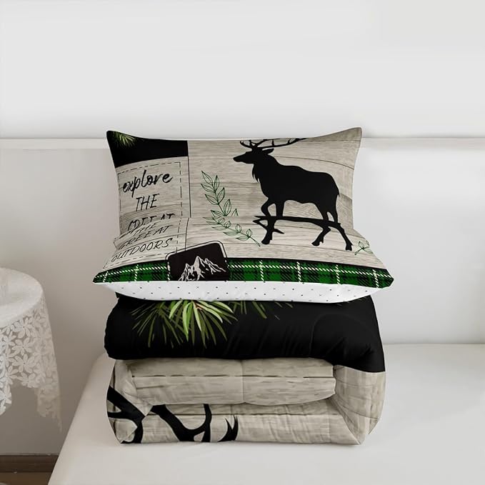 Elk Silhouette Kids Comforter Set Queen Size,Palm Leaves Old Plank Bedding,Girls Boys Adults Bedroom/Xmas Cabin Decor,Camper Explore Down Comforter,Geometric Grids Plaid Duvet Insert,2 Pillowcases