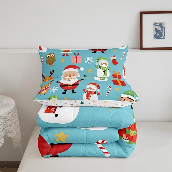 Erosebridal Merry Christmas Comforter Set Cartoon Santa Claus Quilts Toddler Size Holiday Snowman Deer Elk Bedding Set Xmas Decor for Kids Boys Teens Cute Owl Animal Down Comforter,Blue