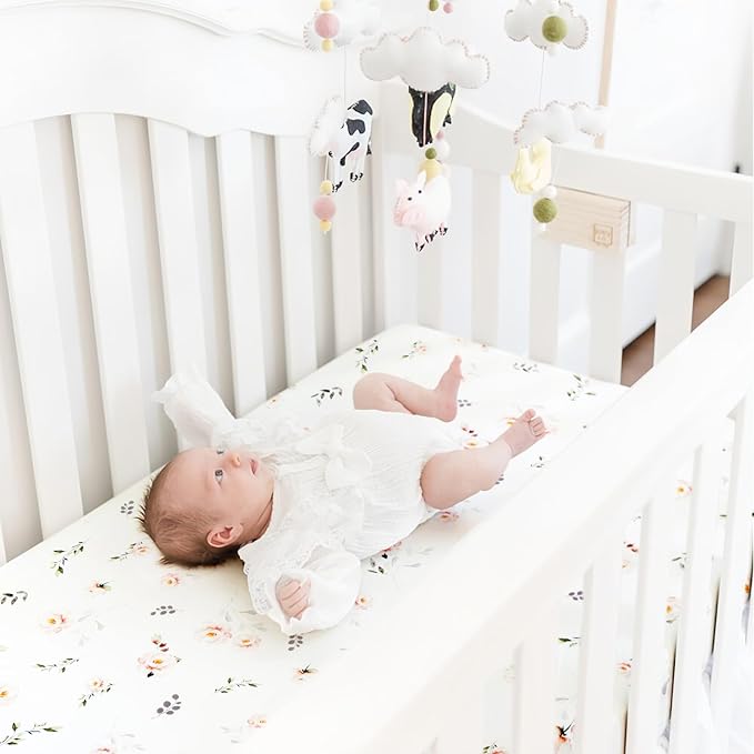 GRSSDER Stretch Ultra Soft Jersey Knit Fitted Crib Sheets Set 2 Pack, Universal Fitted Most Crib Mattress Pads Safe and Snug, Breathable Crib Fitted Sheet for Baby, Pink Rose Print