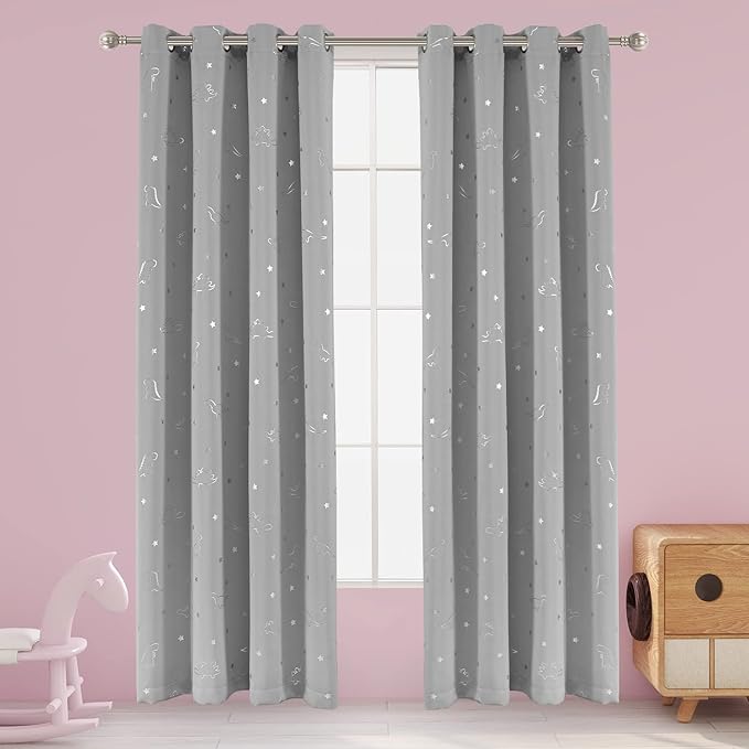 LORDTEX Dinosaur and Star Foil Print Blackout Curtains for Kids Room - Thermal Insulated Curtains Noise Reducing Window Drapes for Boys and Girls Bedroom, 52 x 108 Inch, Light Grey, Set of 2 Panels