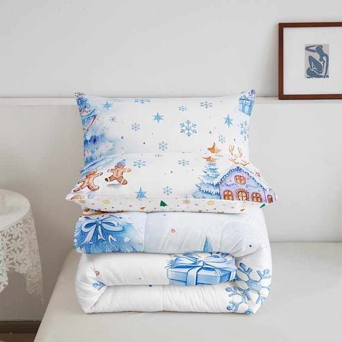 jejeloiu Kids Christmas Theme Comforter Set King Size Blue Xmas Gingerbread Man Bedding Set for Boys Girls Teens Candy House Snowflake Winter Happy New Year Duvet Quilt Room Decor