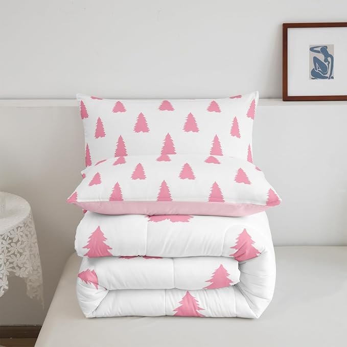 Feelyou Pink Christmas Trees Bedding Set for Kids Boys Girls Twin Size Holiday Comforter Set Ultra Soft Winter Comforter Xmas Decor Duvet Quilt Bedroom Decor Christmas Ornaments Quilt