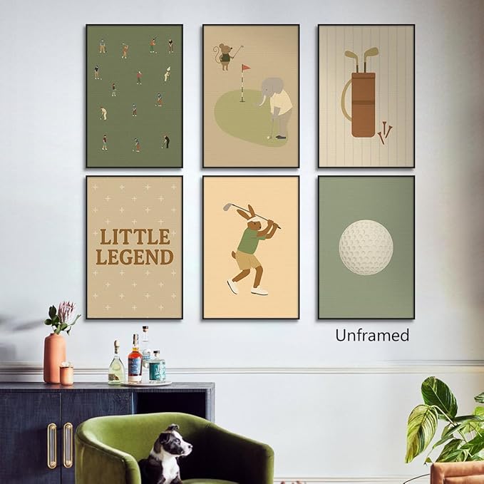 Golf Canvas Wall Art, Baby Boy Nursery Sports Posters, Animal Athletes Elephant Rabbit Pictures, Little Legend Charming Quote Print, Kids Bedroom Golf Course Wall Decor 12x16in Wrapped Canvas