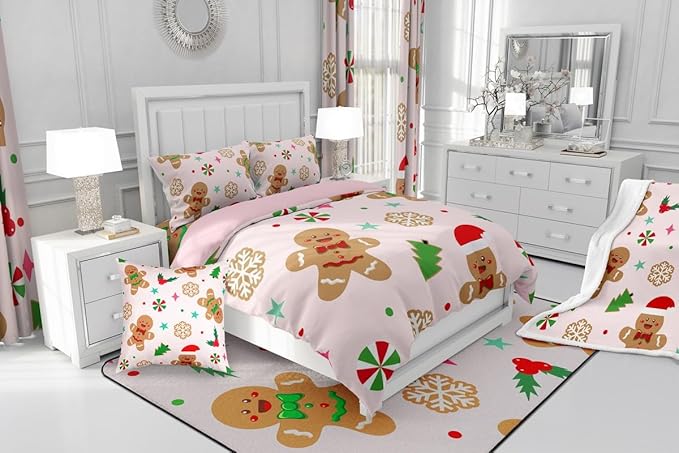 Feelyou Merry Christmas Kids Comforter Set Toddler Size Gingerbread Man Bedding Set Xmas Tree Duvet Quilt for Kids Boys Girls Bedroom Red Berries Snowflake Decor Microfiber Ultra Soft Breathable