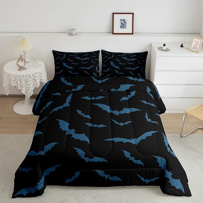 Erosebridal Halloween Decor Bedding Set for Kids Boys Youth Turquoise Bats Comforter Set Full Size Gothic Spooky Quilt Happy Holiday Style Duvet Insert with 2 Pillow Cases,Black