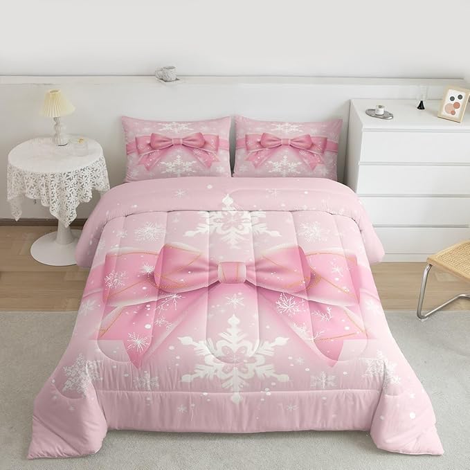 Feelyou Pink Bow Comforter Set All Season Coquette Bow Knot Bedding Set with 2 Pillow Cases Xmas Snowflake Kids Queen Bedclothes Cute Dreamy Princess Style Decor Christmas Duvet Quilt Soft