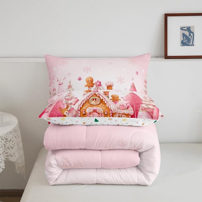 jejeloiu Kids Christmas Theme Comforter Set Toddler Cute Deer Gingerbread Man Bedding Set for Boys Girls Teens Pink Xmas Tree Candy House Snowflake Winter Duvet Quilt Room Decor