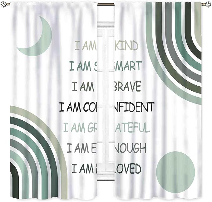 Rainbow Curtains for Girls Bedroom, Boho Rianbow Quotes Inspirational Motivational Positive Colorful Pastel Green Window Drapery for Baby Kids Living Room Toddler Nursery Classroom, 55x39 Inch