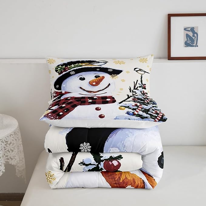 Feelyou Kids Christmas Theme Decorations Bedding Set Xmas Snowman Comforter Set for Boys Girls Snowflake Kawaii Cute Beige Golden Bedroom Collection Queen Size