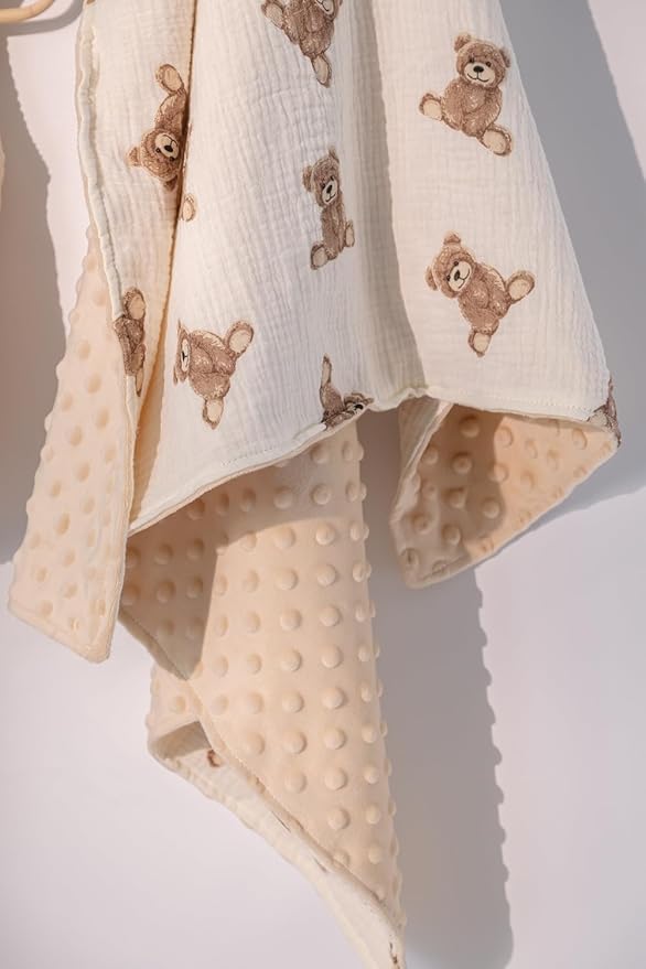Little Jump Baby Blankets Minky Blankets for Unisex Boys Girls, Soft Fluffy Crib Blankets with Muslin Cotton Front and Dotted Fleece Backing, Teddy Bear Receiving Blanket for Newborn Infants