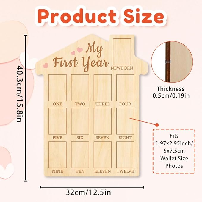 ORIGACH My First Year Baby Growth Photo Display Wood Board - 12 Months Newborn Milestones Photo Board - Neutral Baby Keepsake Frame 1st Birthday Party Nursery Decor New Mom Gift - Pink Heart