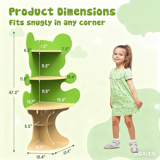 Bookshelf for Kids, Children Bear-Bookshelf, Space-Saving Montessori Toddler Corner Bookcase for Nursery, Classroom, Kindergarten, Kids Rooms