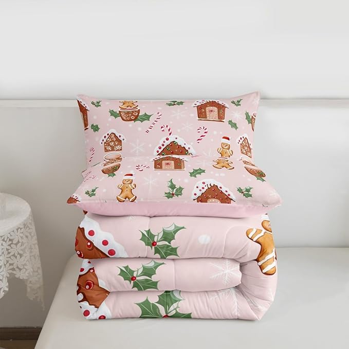 Feelyou Pink Christmas Comforter Set All Season Gingerbread Man Bedding Set with 1 Pillow Cases Christmas Pastry Microfiber Kids Toddler Bedclothes Candy Cane Bedroom Decor Duvet Quilt Breathable Soft