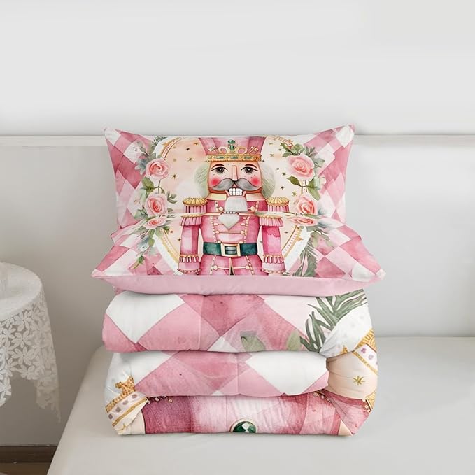 Feelyou Christmas Comforter Set All Season Pink Nutcrackers Bedding Set with 2 Pillow Cases Rose Kids King Bedclothes Floral Bedroom Decor Funny Nutcracker Duvet Quilt Breathable Soft Lightweight