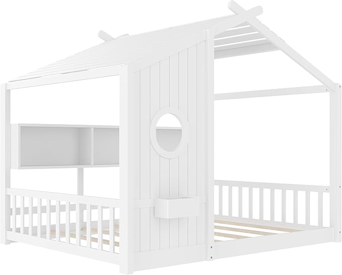 Merax Wood Cute House Bed with Storage Shelves, Full Size Floor Platform Bed Frame with Headboard & Roof Design, No Box Spring Needed, White