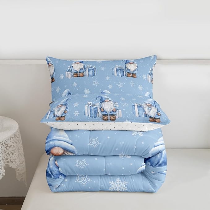 Feelyou Blue Christmas Comforter Set Toddler Size Scandinavian Christmas Santa Gnomes Bedding Set for Kids Boys Girls Xmas Snowflake Duvet Quilt Bedroom Decor 2 Pcs with 1 Pillow Cases