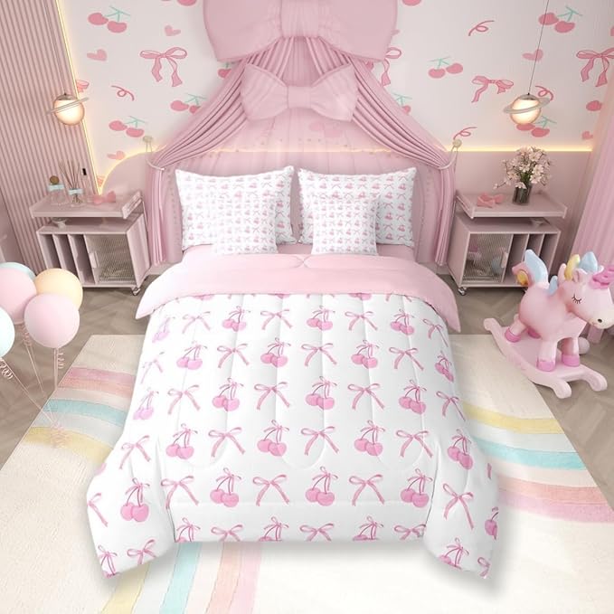 7 Pieces Cherry Bowknot Kid Comforter Set Queen,Pink Bow Tie Butterfly Knot Princess Bedding Set,Cartoon Bow Patchwork Dreamy Sweet（Comforter+Fitted+Flat Sheet+2 Pillowcases+2 Throw Pillow Covers）