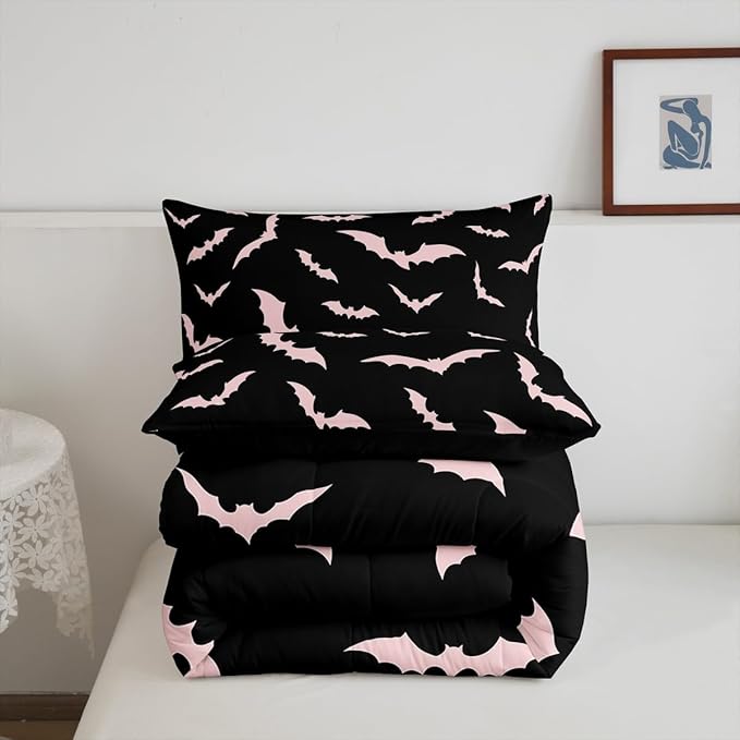 Erosebridal Bat Comforter Set Halloween Pink Bats Bedding Set with 2 Pillow Cases Silhouette Gothic Quilt Queen Size for Kids Boys Youth Gothic Spooky Bedding Comforter Sets,Black