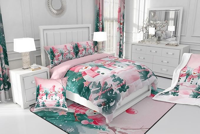 Feelyou Pink Christmas Kids Comforter Set Full Size Merry Christmas Tree and Snowman Bedding Set Cute Snowman Duvet Quilt for Kids Boys Girls Bedroom Xmas Snowflake Decor Kawaii Ultra Soft Breathable