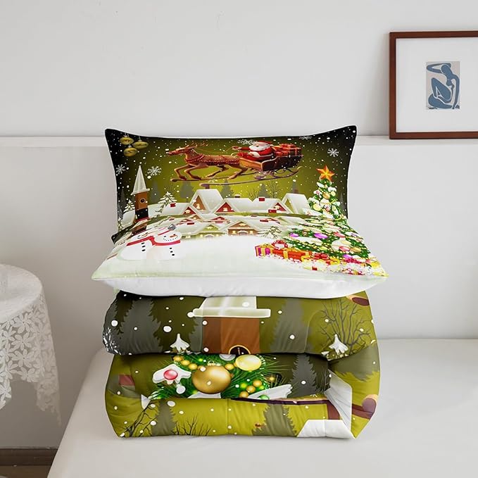 Manfei Christmas Comforter Set Twin Size, Xmas Tree Snowman Quilt Set with 1 Pillowcase, Santa Claus with Deer Bedding Set 2pcs for Kids Boys Girls Room Decor New Year Theme Duvet Insert