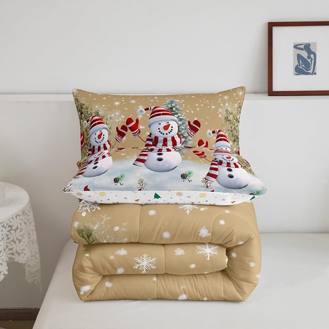 Cartoon Snowman Kids Christmas Comforter Set King Size,Pines Snowflake Rustic Bedding,Girls Boys Adults Bedroom/Xmas Cabin Decor,Grids Geometric Down Comforter,Farmhouse Duvet Insert,2 Pillowcases
