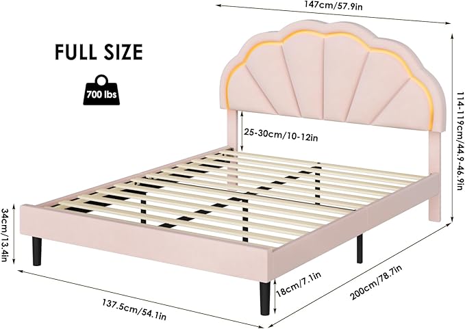 HIFIT Full Upholstered Smart LED Bed Frame with Adjustable Chic Petal Headboard, Princess Full Size Platform Bed Frames for Kids/Girls, Wooden Slats Support, No Box Spring Needed, Easy Assembly, Pink