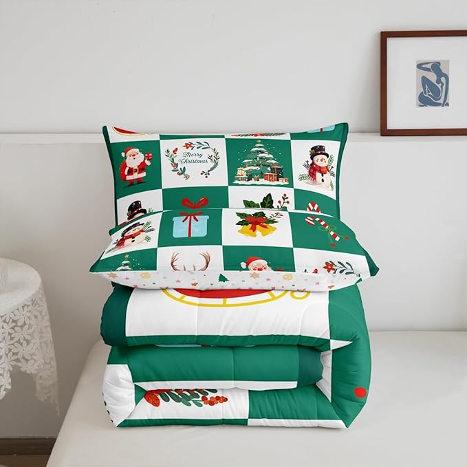 Erosebridal Merry Christmas Quilt Toddler Size for Kids Teens Santa Claus Xmas Tree Bedding Set Cartoon Deer Snowman Comforter Set with 1 Pillow Case