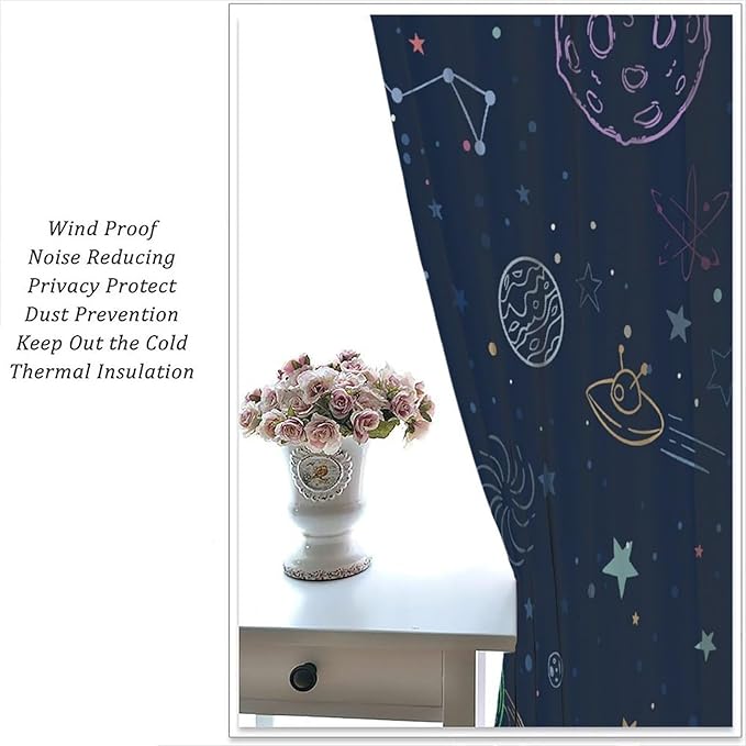 Navy Blue Space Curtains, Cartoon Outer Space Stars Planets Theme Galaxy Curtains for Kids Teens Bedroom Nursery Toddlers Room 63" W X 63" L