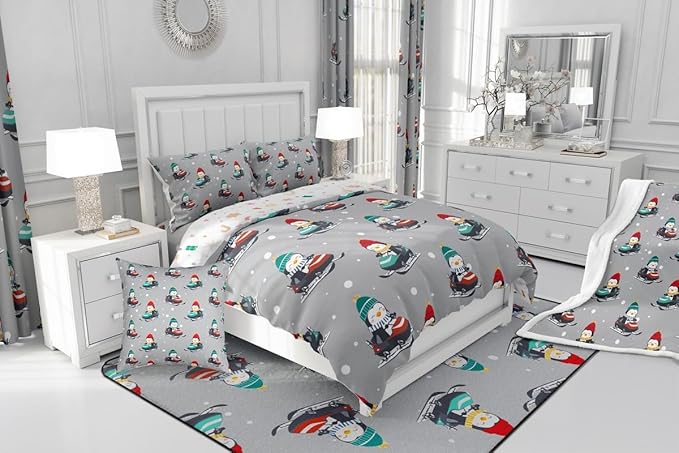 Feelyou Christmas Comforter Set All Season Gray Penguin Bedding Set with 1 Pillow Cases Cartoon Penguin Skiing Microfiber Kids Twin Bedclothes Snowflake Bedroom Decor Duvet Quilt Breathable Soft