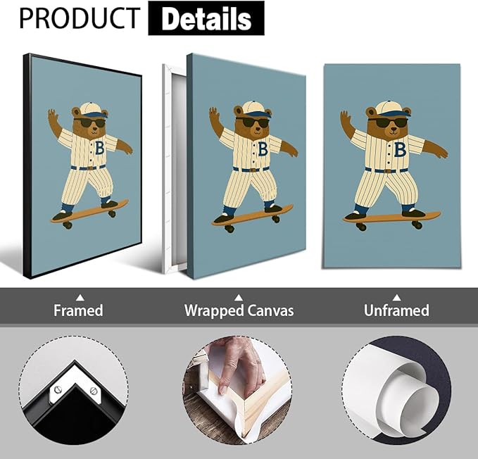 Skateboard Canvas Wall Art, Nursery Animal Sports Posters, Fashion Sunglasses Bear Athletes Pictures, No.1 Kiddo Inspirational Quote Print, Funny Skateboard Rabbit Dog Painting 8x12in Wrapped Canvas